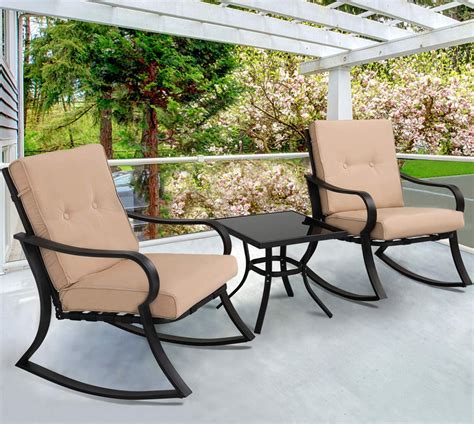 SUNCROWN Outdoor 3-Piece Rocking Chairs Bistro Set, Black Steel Patio Furniture with Brown ...