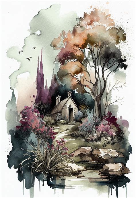 Premium AI Image | A painting of a house in the woods with a garden in ...