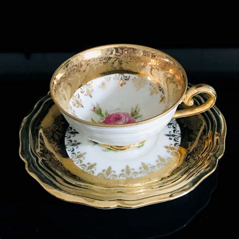 Vintage Demitasse Tea Cup & Saucer Bavaria Germany Heavy Gold trim rose center Ornate farmhouse ...