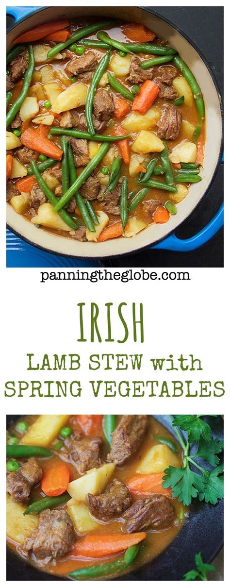 irish lamb stew with spring vegetables in a skillet