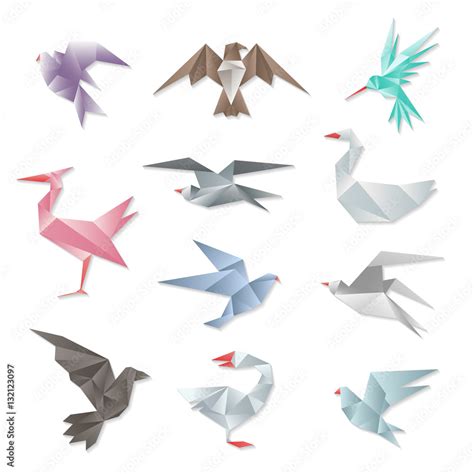 Origami bird set. Vector 3d abstract paper flying birds with wings ...