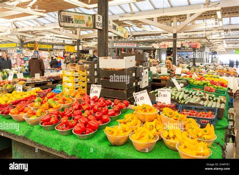 Fruit and vegetable stall in Leicester Market, Market Square, City Centre, City of Leicester ...