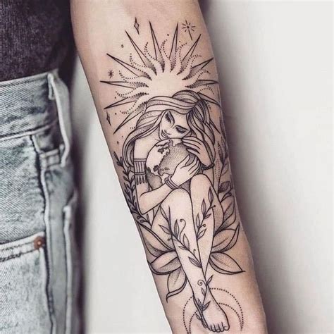 Mother Earth tattoo sun goddess black and white flowers tattoo ...