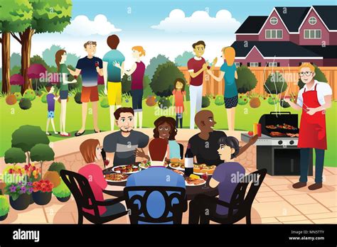 A vector illustration of Friends and Family Gather Together Having BBQ Party in the Summer Stock ...