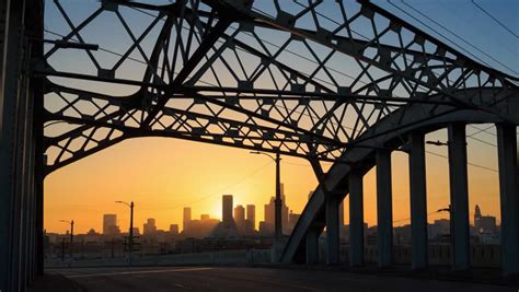 4K. Sunset Sun Setting Behind Downtown Los Angeles City, View From 6th Street Bridge. Time Lapse ...