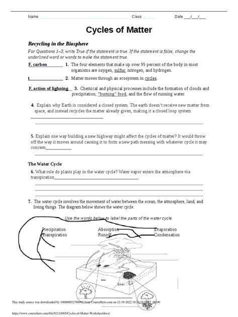 Cycles of Matter Worksheet | PDF | Water Cycle | Water