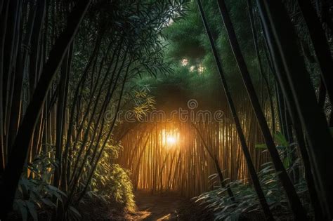 Bamboo Forest at Sunrise, with the Sun Peeking through the Trees Stock Illustration ...