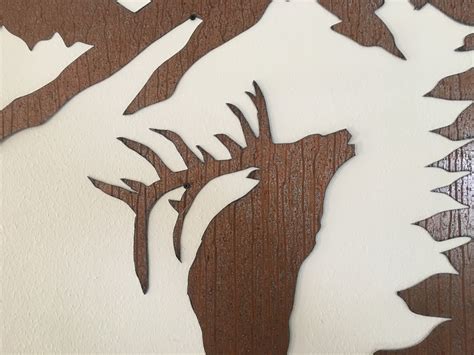 Elk metal wall art. Rustic animal artwork. Mountains Trees Forest. Hunting lodge decor