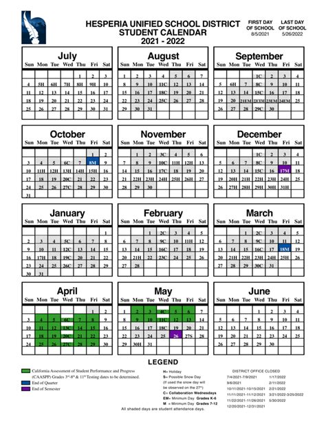 2021-22 School Calendar | Hesperia Jr. High School