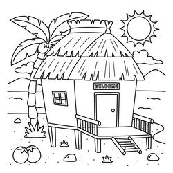 Nipa hut summer isolated coloring page for kids Vector Image