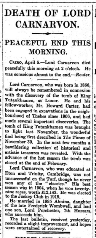 Death Of Lord Carnarvon. · Tutankhamun Centenary 1922 - 2022