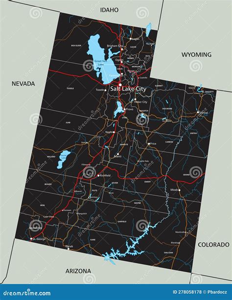 Detailed Utah Road Map with Labeling. Stock Vector - Illustration of ...
