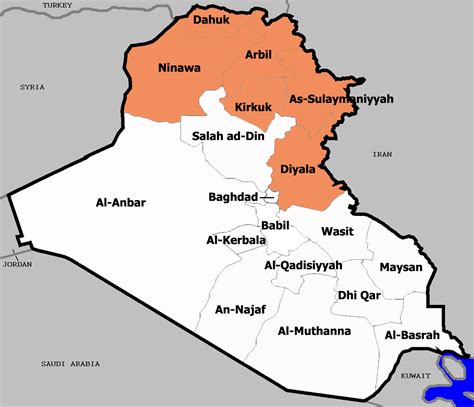 A map of Iraq highlighting the six provinces that make up Iraqi Kurdistan, though only three are ...