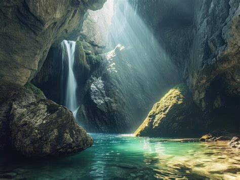 Premium Photo | A waterfall in a cave