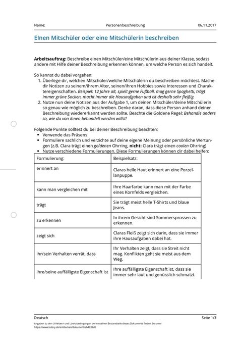 Arbeitsblatt - Personenbeschreibung - Deutsch - tutory.de