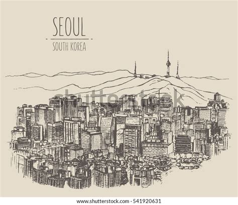 Seoul Skyline South Korea Vintage Engraved Stock Vector (Royalty Free ...