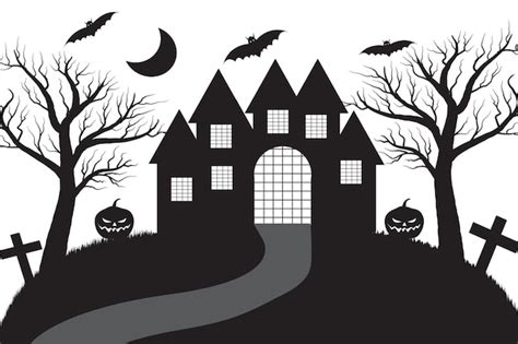 Premium Vector | Halloween horror castle haunted house building silhouette vector tree pumpkins ...