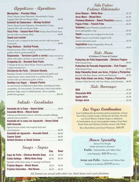 Menu at Las Vegas Cuban Cuisine restaurant, Hallandale Beach, E Hallandale Beach Blvd