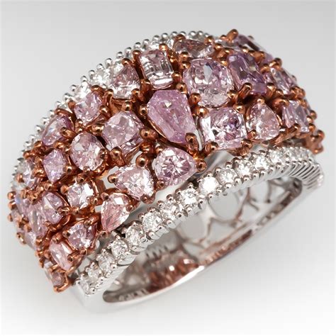 Stunning Wide Band Pink Diamond Cluster Ring 18K Gold