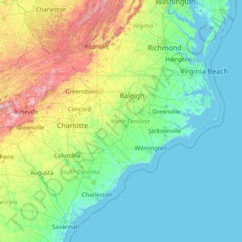 Carte topographique Caroline du Nord, altitude, relief