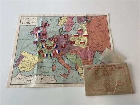 WW2 Map Of Europe & Flags Of Nations At War, Flag Pins W & AK Johnston