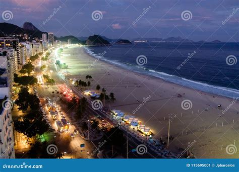 Night View of Copacabana Beach during Sunset in Early Evening, Taken from the Rooftop of a Hotel ...