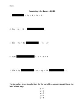 Algebra - Combining Like Terms Quiz by Stephanie Garisto | TpT