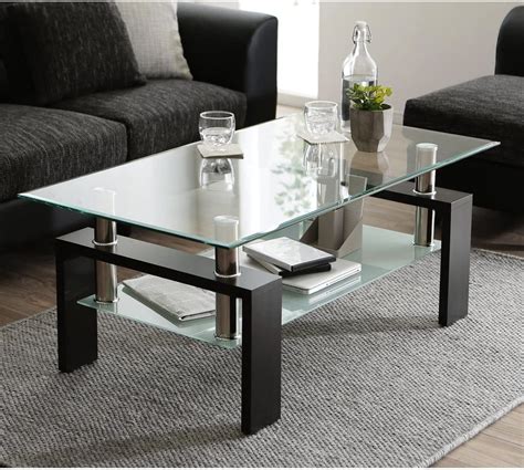 Buy Clear Rectangle Modern Glass Coffee Table with Lower Shelf, Metal ...