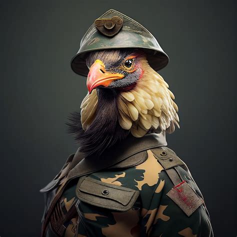 Premium AI Image | Realistic lifelike chicken in army military navy outfits