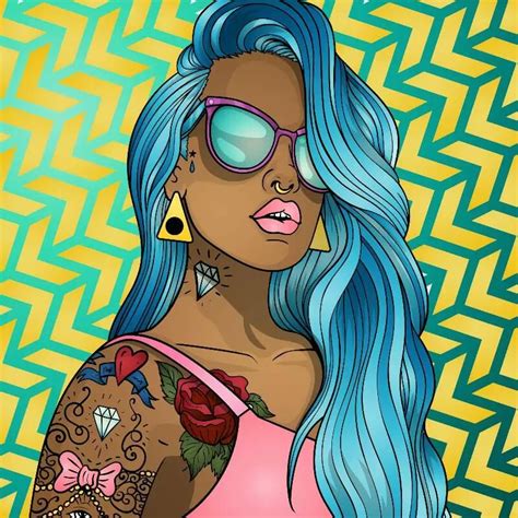 a woman with blue hair wearing sunglasses and a pink top is standing in front of an abstract ...