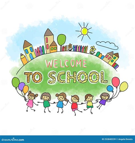 Welcome To School, Handwritten Quotes, Cartoon Kids Joyful with ...