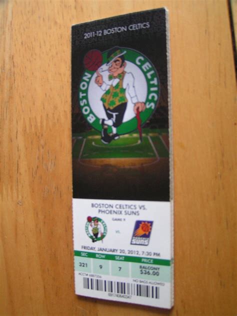 NBA Boston Celtics Full Unused Ticket Stub 1-20-12 Vs. Phoenix Suns ...