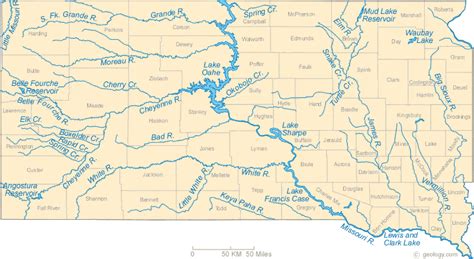 Map of South Dakota Lakes, Streams and Rivers