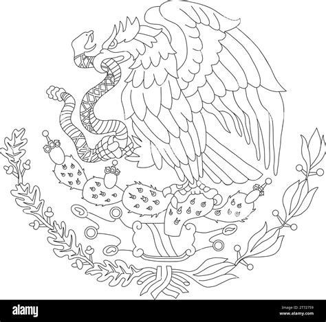 Mexican coat arms with eagle and snake. Mexican coloring flag emblem. Vector outline ...