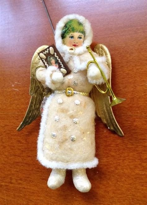 vintage christmas ornament angle in winter coat & Horn cloth & paper ...