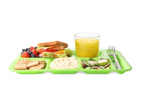 Serving Tray with Tasty Healthy Food and Juice Isolated on White ...