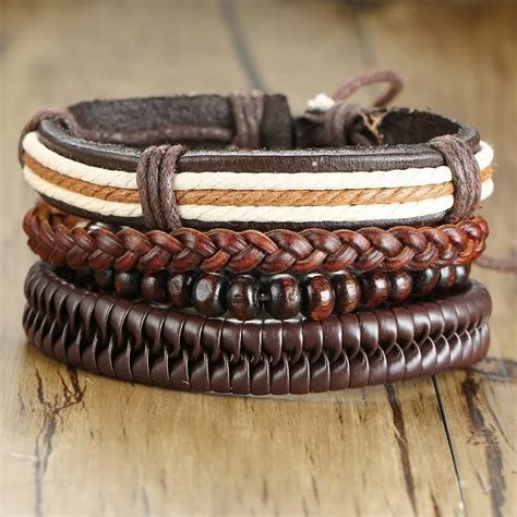 Casual Men Leather Bracelet Wood Beads Hand Braided Multi Layer Adjustable Wrap Wrist Male ...