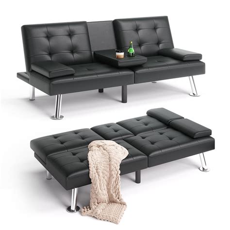 Linsy Home Convertible Upholstered Faux Leather Futon Couch, Black ...