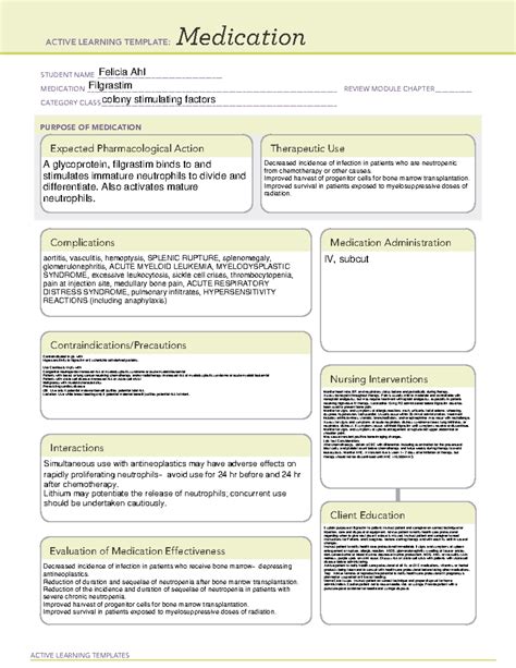 Filgrastim - drug cards - ACTIVE LEARNING TEMPLATES Medication STUDENT NAME - Studocu