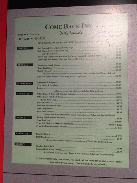 Menu at Come Back Inn restaurant, Metairie, W Metairie Ave