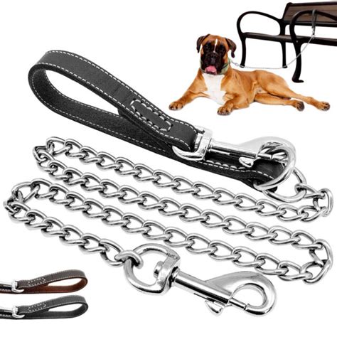 Heavy Duty Large Dog Chain Leash with Leather Handle Chrome Plated Chew ...