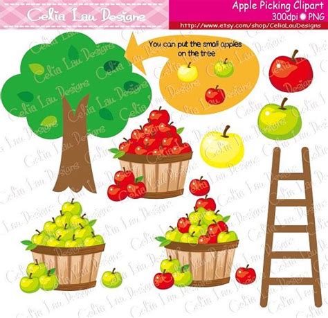 an apple picking clipart set with apples in baskets and a ladder to ...