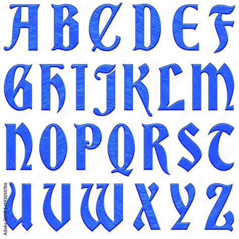 Blue plastic textured antique ancient font style full alphabet capital letter set in a 3D ...