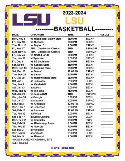 Printable 2023-2024 LSU Tigers Basketball Schedule