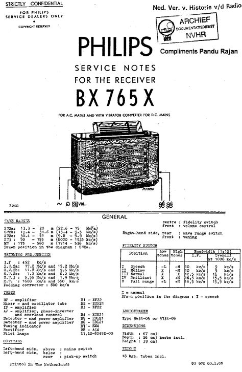 PHILIPS BX765X AC DC-VIBRATOR RECEIVER 1948 SM Service Manual download, schematics, eeprom ...