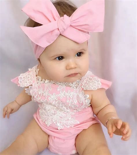 2PCS Super Cute Pink Newborn Baby Girl Rompers Jumpsuit Lace Floral Clothes Headband Outfits ...