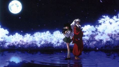 two anime characters standing in the water at night with clouds and stars behind them,