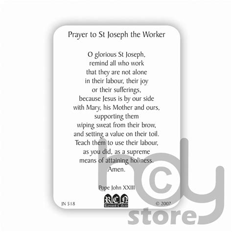 St Joseph the worker Prayer Card