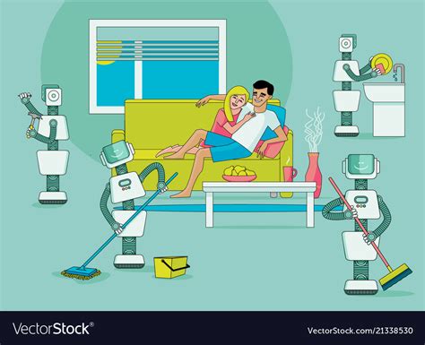 Robots doing housework happy people relax Vector Image