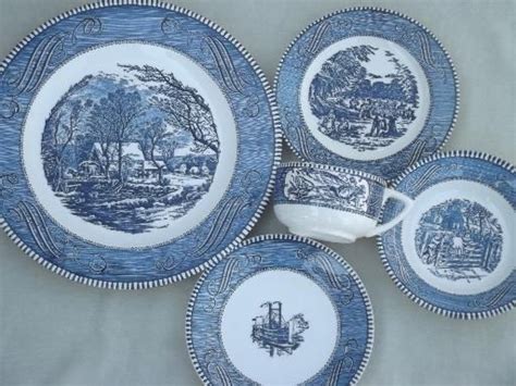 20 piece set of Vintage Currier and Ives Dishes Blue and white Currier ...